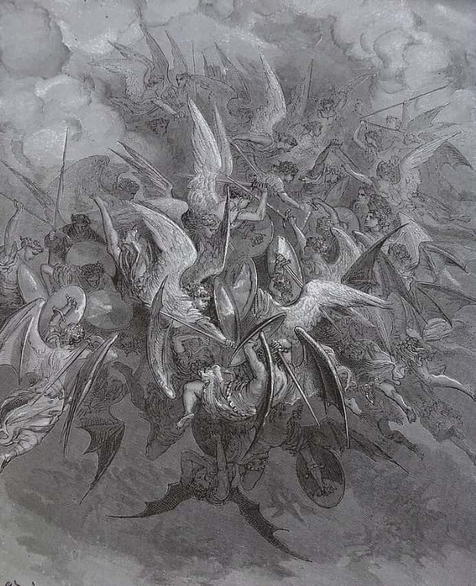 Illustration by Gustave Doré for John Milton's Paradise Lost, depicting angels fighting against fallen angels.